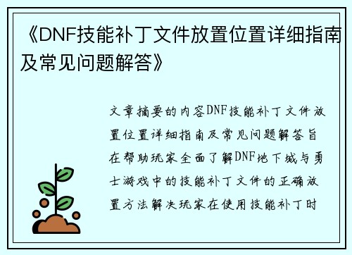 《DNF技能补丁文件放置位置详细指南及常见问题解答》
